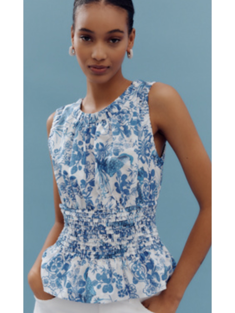 Blue Floral Sleeveless Smocked-Waist Blouse
